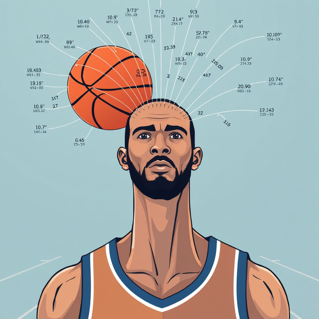 Create an illustration of a basketball player having multiple lines coming out of his head. The lines are calculations and tips how to play better basketball. The background is a basketball court. 8k resolution, professional illustration.