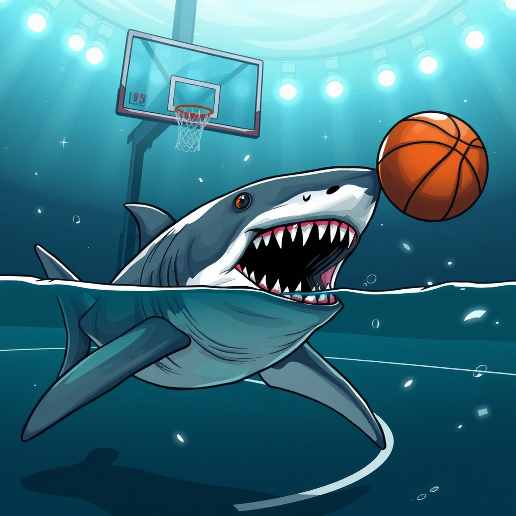 Create an illustration of a shark on the bottom of a basketball field. It wants to attack the rebounding basketball. Make the style scary and very modern. 8k resolution, professional illustration.