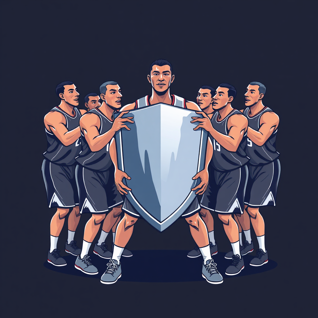 Create an illustration of multiple basketball players protecting one team mate in the form of a shield. The style should be very modern. 8k resolution, professional illustration.