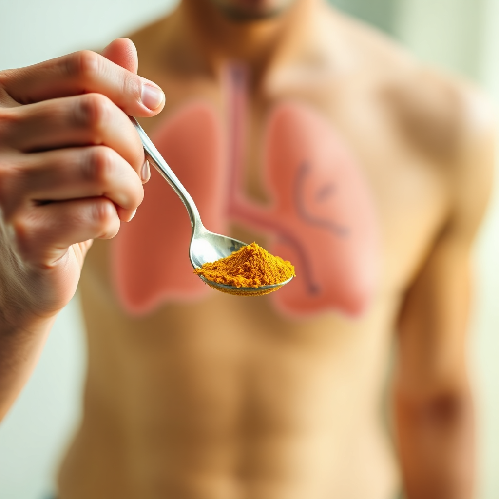 Create an image of a hand carefully measuring turmeric powder with a teaspoon, ensuring it remains within the safe dosage limit (≤1,000 mg/day). The hand should represent caution and precision. In the background, show a blurred image of a healthy liver. The lighting should be gentle and reassuring. The color palette should use earthy tones to represent turmeric and soothing greens to represent health.
