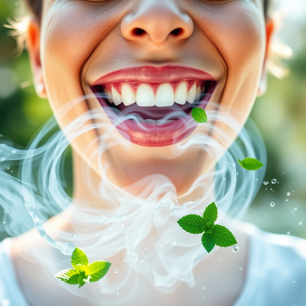 Create an image that embodies the concept of natural fresh breath. The central element is a person smiling confidently, with a sense of radiance and well-being. Surrounding the person's mouth, visualize a swirling mist of clean, fresh air. Add subtle visual cues, such as mint leaves or droplets of water, to reinforce the idea of freshness. The background should be bright and airy. Lighting: natural sunlight. Color palette: cool blues, greens, and whites. This image should evoke a feeling of purity, confidence, and vitality. 8K resolution, high detail.