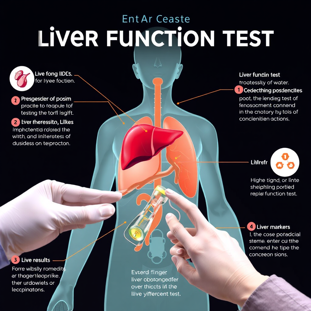 Create an informative illustration showing the process of a liver function test, highlighting the key markers and indicators. Use clear and concise visuals to explain the test results. Lighting should be bright and professional. Camera angle should be a close-up view of the testing process. This image should provide a clear understanding of liver function tests.