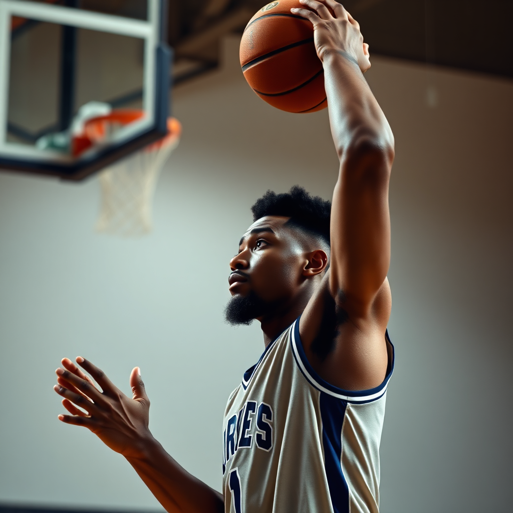 Create an photorealistic image of a basketball player perfecting his free throw. Make the lighting subtle and natural. We want to focus on the perfection of the basic move of basketball. 8k resolution, professional photography.