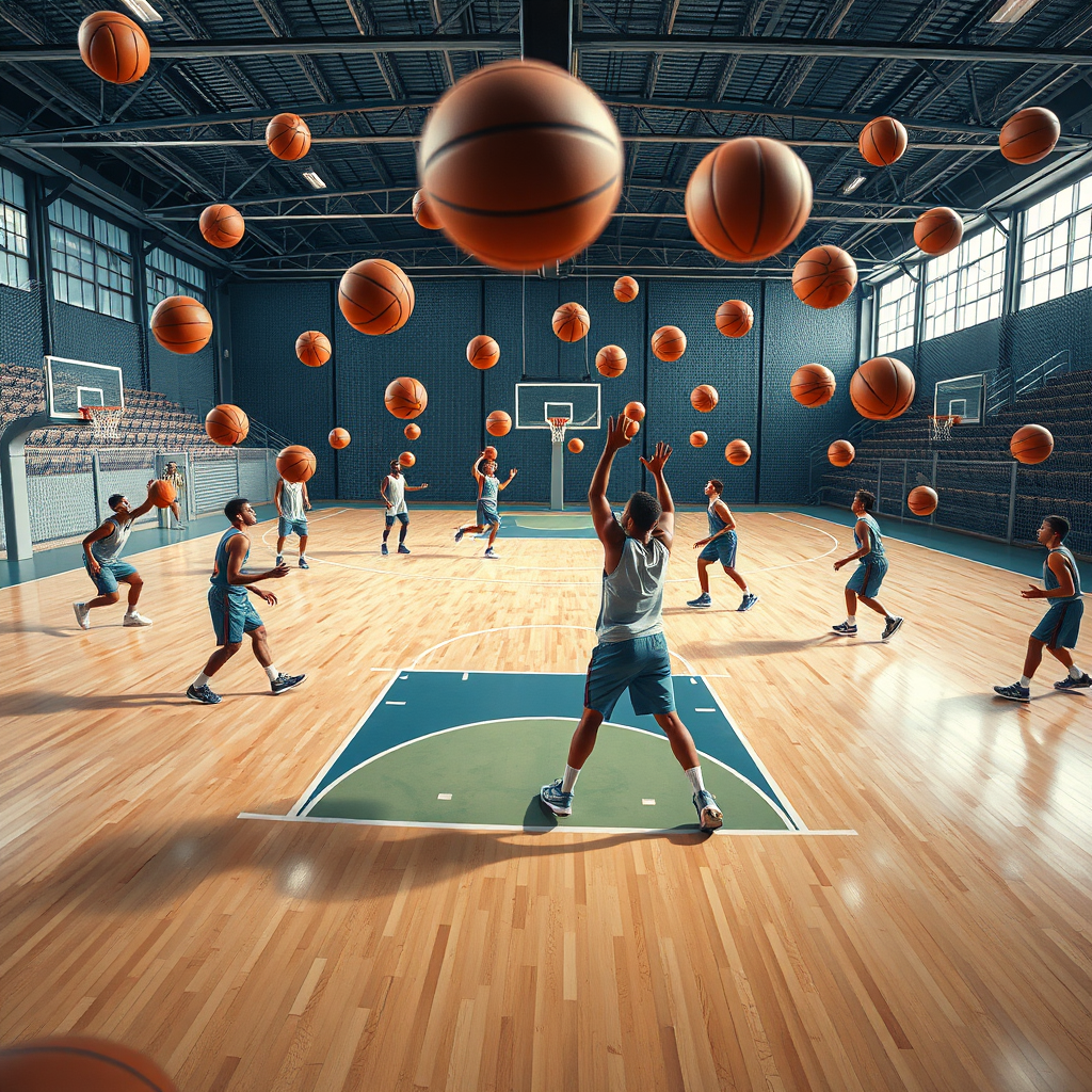 Create an surreal image of multiple basketball players who are passing around basketballs. The scenery is a basketball court but should be an artistic interpretation of a normal basketball court. 8k resolution, professional photography.