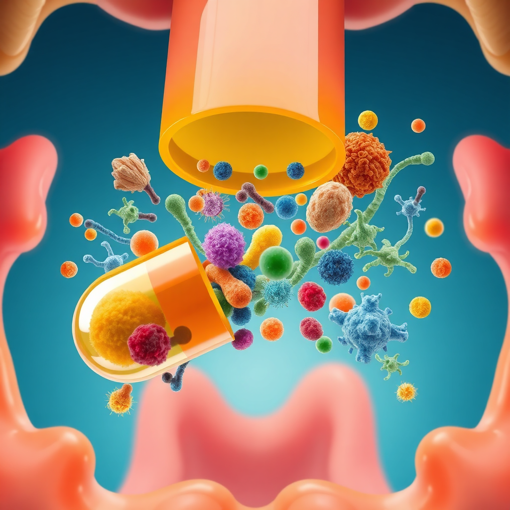 Depict a capsule of Prodentim opening to release a burst of diverse and beneficial bacteria. Each bacteria strain should be represented by unique shapes and colors, showcasing the probiotic powerhouse within. The background should be a stylized representation of the oral cavity, ready to welcome these friendly microbes. Use a bright and vibrant color palette to emphasize the positive impact of the probiotics. The lighting should highlight the release of the bacteria, creating a sense of action and benefit. Render in 8K resolution with a focus on visual clarity and detail.