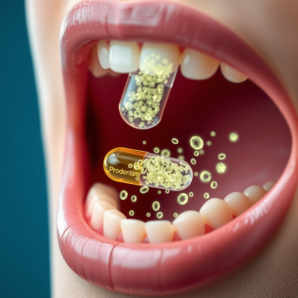 Depict a capsule of Prodentim dissolving and releasing beneficial bacteria into a healthy mouth. The capsule should be transparent, revealing the probiotic ingredients inside. The bacteria should appear as tiny, glowing particles that spread throughout the oral cavity. The gums should be healthy and pink, and the teeth clean and bright. The image should convey a sense of scientific innovation, trust, and effectiveness. Color palette: blues, greens, and whites. 8K resolution, ultra-high detail.