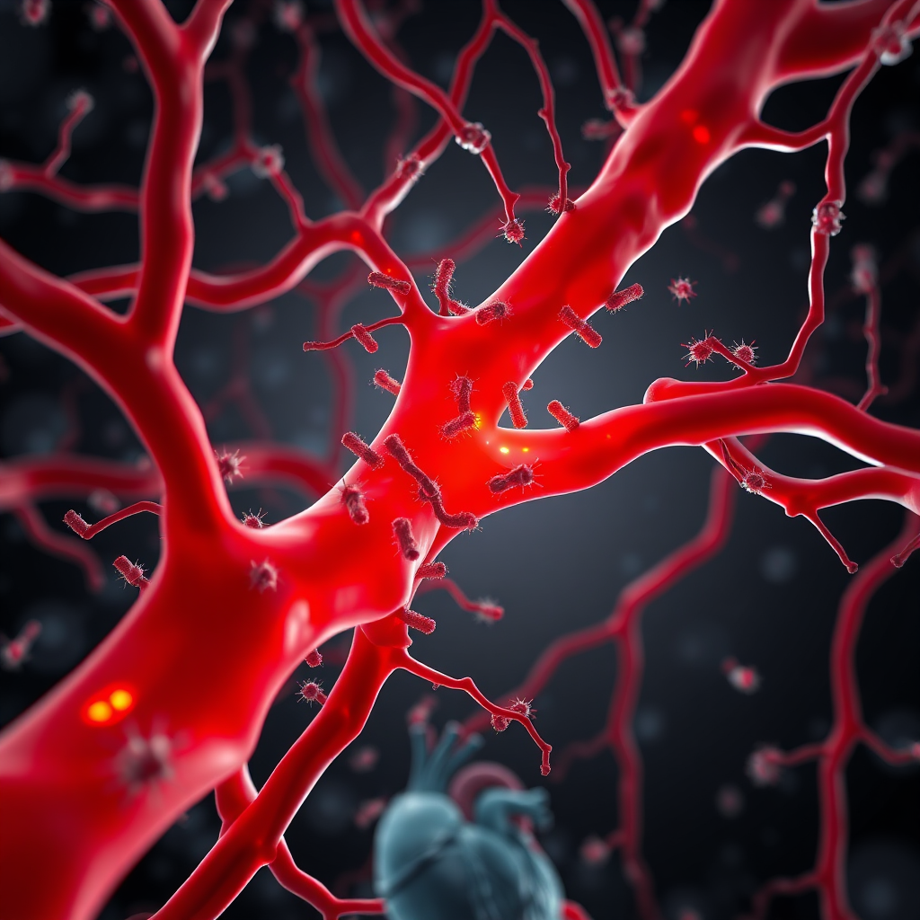 Depict a network of blood vessels with harmful oral bacteria circulating within. The bacteria are visualized as small, spiky shapes. The vessels are partially blocked and inflamed. Include faint outlines of internal organs (heart, brain) to emphasize the systemic impact. Lighting: dark, ominous lighting highlighting the inflamed vessels and harmful bacteria. Style: medical illustration, 8k, photorealistic.