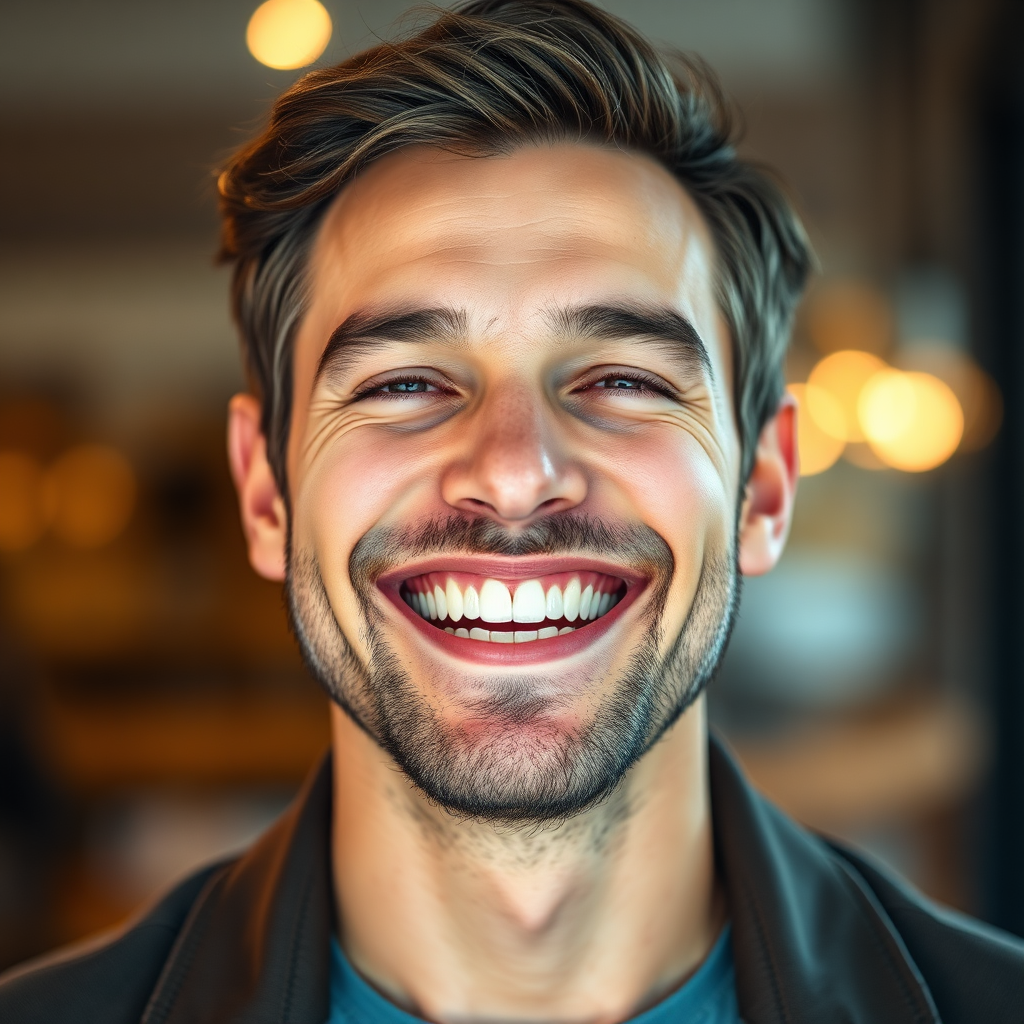 Depict a person smiling confidently with sparkling white teeth and fresh breath. The scene should be filled with positive energy and self-assurance. The background can be blurred, focusing on the person's radiant smile. Use a warm and inviting color palette to emphasize the positive association with fresh breath. The lighting should highlight the person's confidence and well-being. Render in 8K resolution with a focus on creating a sense of joy and self-assurance.