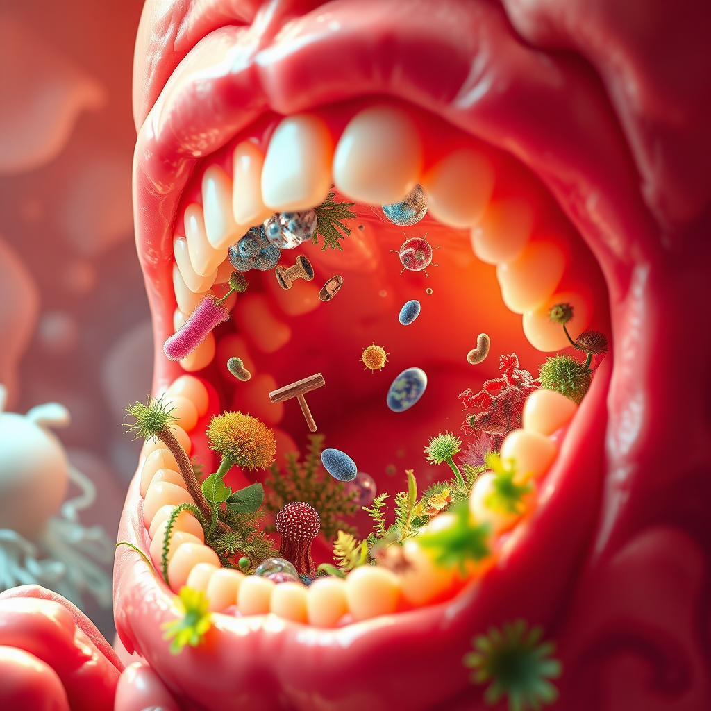 Depict a vibrant and thriving mouth ecosystem with healthy gums, strong teeth, and a balanced bacterial population. The scene should be bursting with life and vitality, showcasing the positive impact of Prodentim. Use a bright and cheerful color palette to emphasize the health and well-being. The lighting should be warm and inviting, highlighting the beauty and complexity of the mouth. Render in 8K resolution with a focus on creating a sense of vibrancy and health.