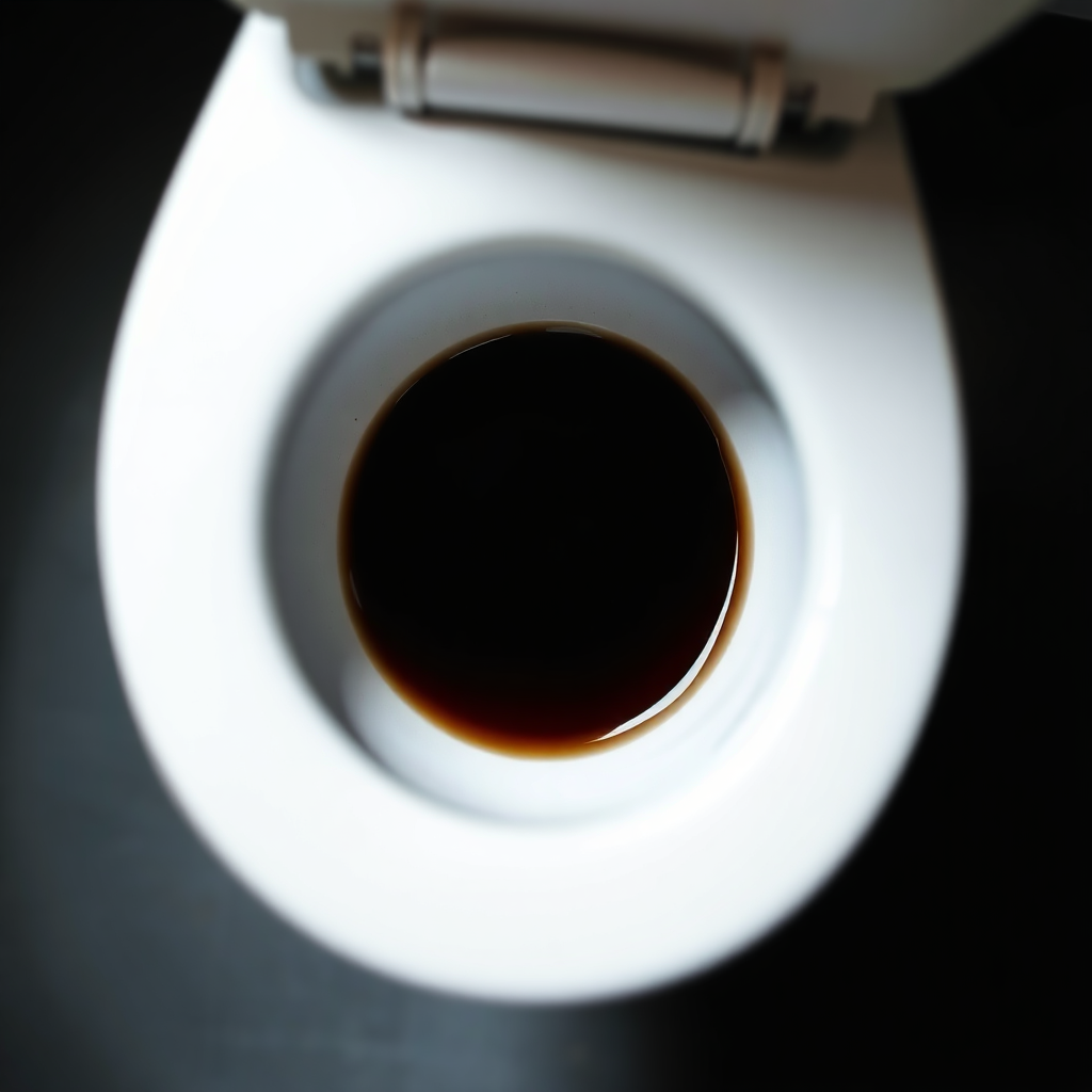 Design a close-up image of dark-colored urine in a toilet bowl. The lighting should be dim and focused on the color of the urine to make it easily noticeable. The background should be plain and out of focus to keep the attention on the urine. Use a color palette that accurately represents dark urine, emphasizing its unusual and potentially alarming appearance. The image should be simple and direct, conveying the message clearly.