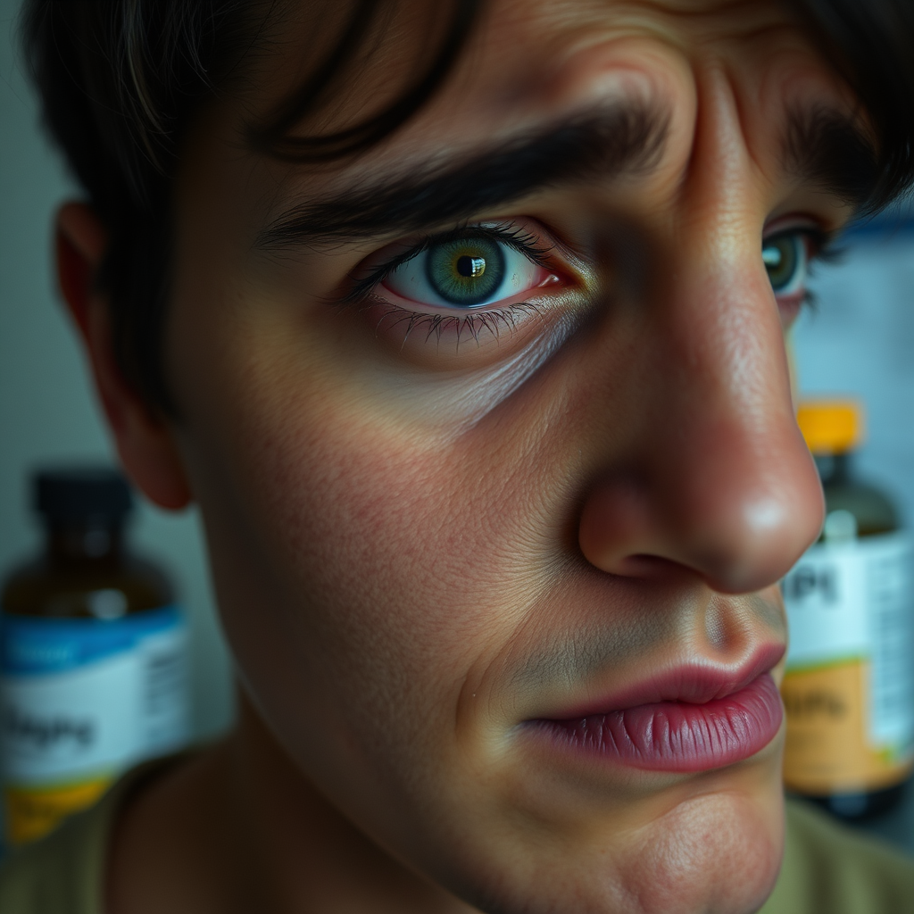 Design a photorealistic close-up of a person's face displaying a worried expression. The skin should have a subtle yellowish tint, indicating jaundice. In the background, blurrily depict a medical chart and a bottle of supplements. The overall tone should be somber, emphasizing the importance of recognizing symptoms and seeking timely medical help. The color palette should be muted, with slight yellow undertones to highlight the jaundice effect. Focus on conveying a sense of urgency and concern.