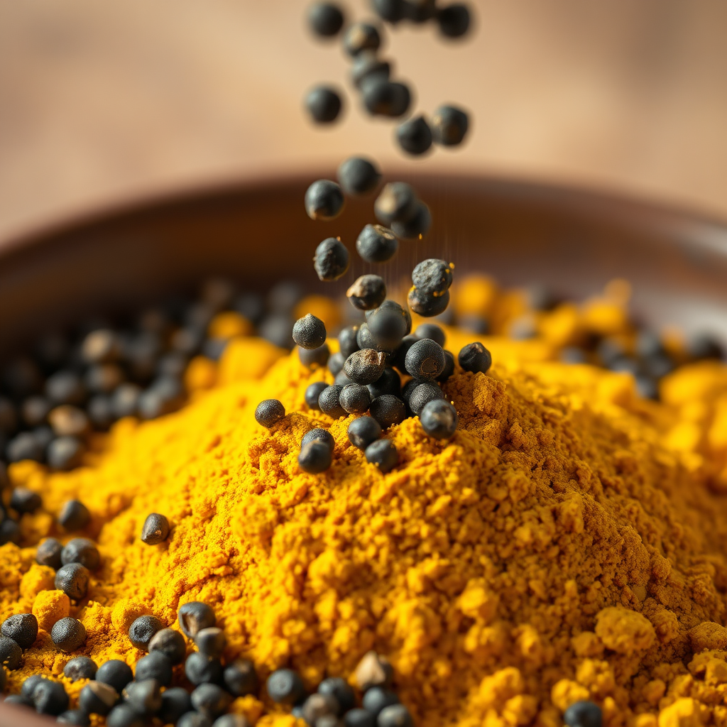 Design a photorealistic image of black pepper grains being sprinkled on top of turmeric powder. The black pepper grains should be in focus, with the turmeric powder slightly blurred in the background. Highlight the interaction between the two substances and emphasize the potentiating effect of black pepper on turmeric absorption. Use a macro lens effect to capture the detail and texture of the spices. The lighting should be warm and inviting, but with a subtle warning tone.