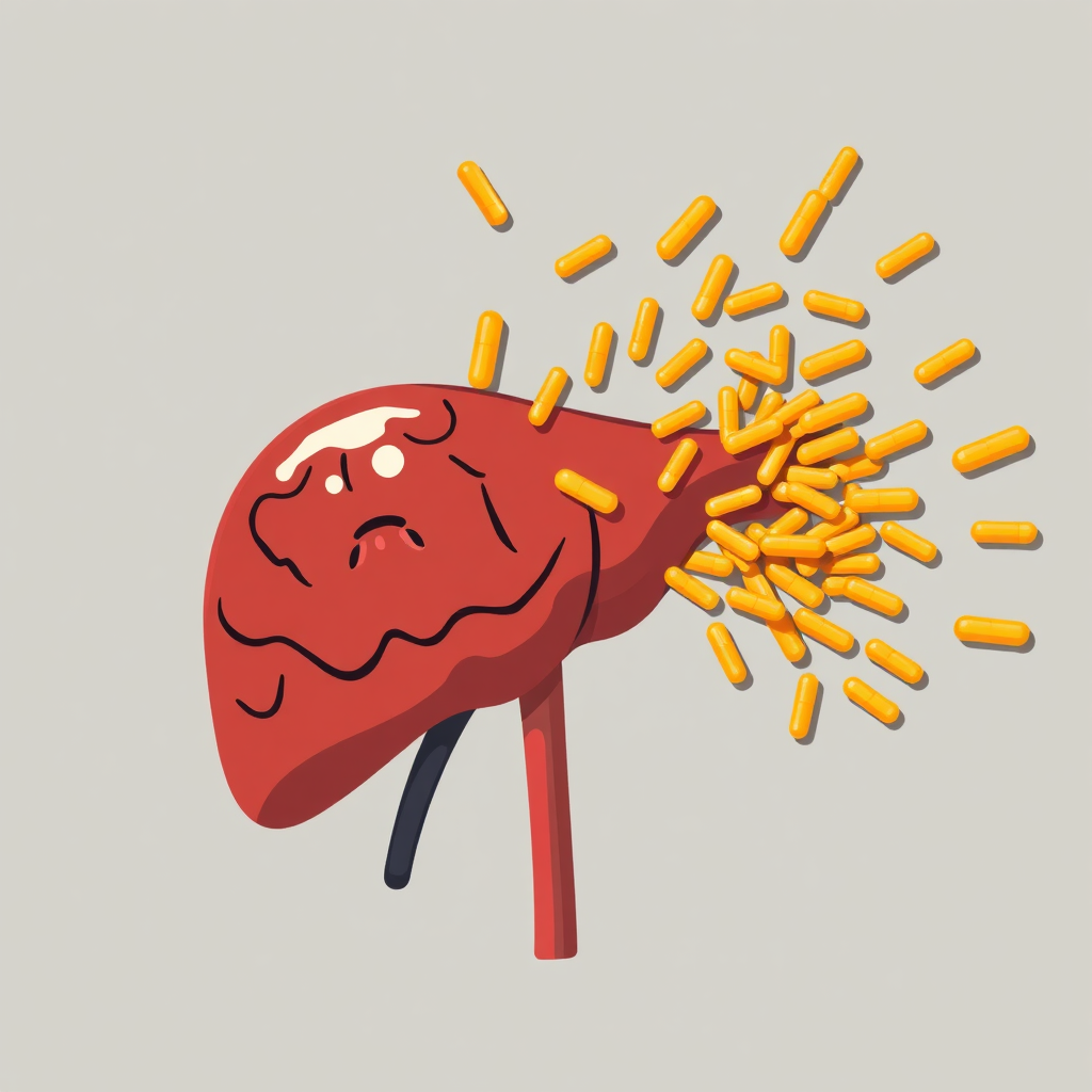 Design a stylized graphic illustration of a liver being bombarded by an overwhelming number of turmeric capsules. The liver should appear strained and under stress, while the capsules are depicted as an endless torrent. Use a contrasting color scheme to emphasize the impact of the overdose, with the turmeric capsules being brightly colored and the liver appearing dull and desaturated. The composition should convey a sense of imbalance and excess, highlighting the dangers of exceeding supplement dosage recommendations.