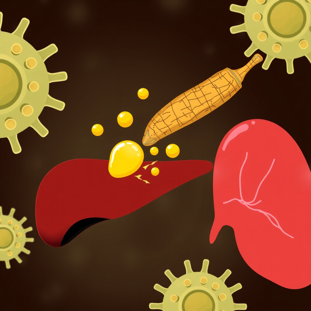 Design a stylized illustration of black pepper enhancing the absorption of curcumin into liver cells. The pepper should be depicted as a catalyst, with curcumin molecules moving rapidly into the cells. The liver cells should appear vulnerable and potentially inflamed. Use a clear visual metaphor to show how piperine boosts curcumin absorption. The color palette should emphasize the interaction, with bright colors for the curcumin and pepper and more subdued tones for the liver.