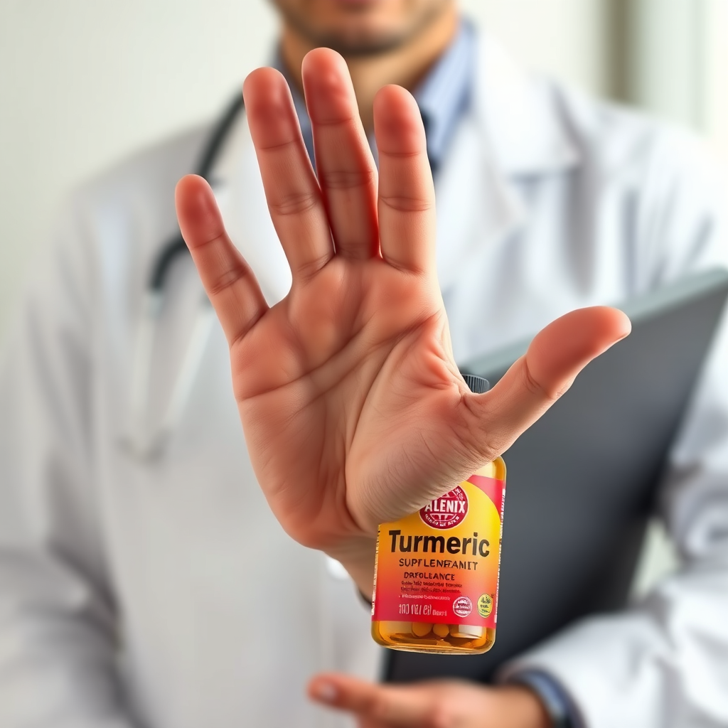 Design a visual featuring a hand reaching out to stop taking a turmeric supplement bottle, with a medical professional (doctor) clearly visible in the background. The hand should be in sharp focus, conveying a sense of immediate action, while the background sets the stage for seeking medical help. Use a dynamic composition to highlight the urgency. The color palette should use reds and yellows to indicate caution and a call to action.