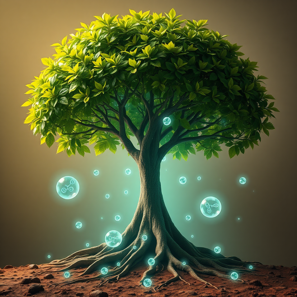 Develop a visual representation of a tree with strong, healthy roots symbolizing the foundation of good oral health. The roots should be surrounded by beneficial bacteria, visualized as glowing, protective orbs. The tree's trunk represents the oral cavity, leading to a crown of fresh, vibrant leaves symbolizing fresh breath and overall oral health. The lighting should be warm and natural, highlighting the connection between the roots and the crown. The color palette should consist of earthy tones for the roots and vibrant greens for the leaves. Render in 8K resolution with hyperrealistic detail, emphasizing the natural beauty and strength of the tree.