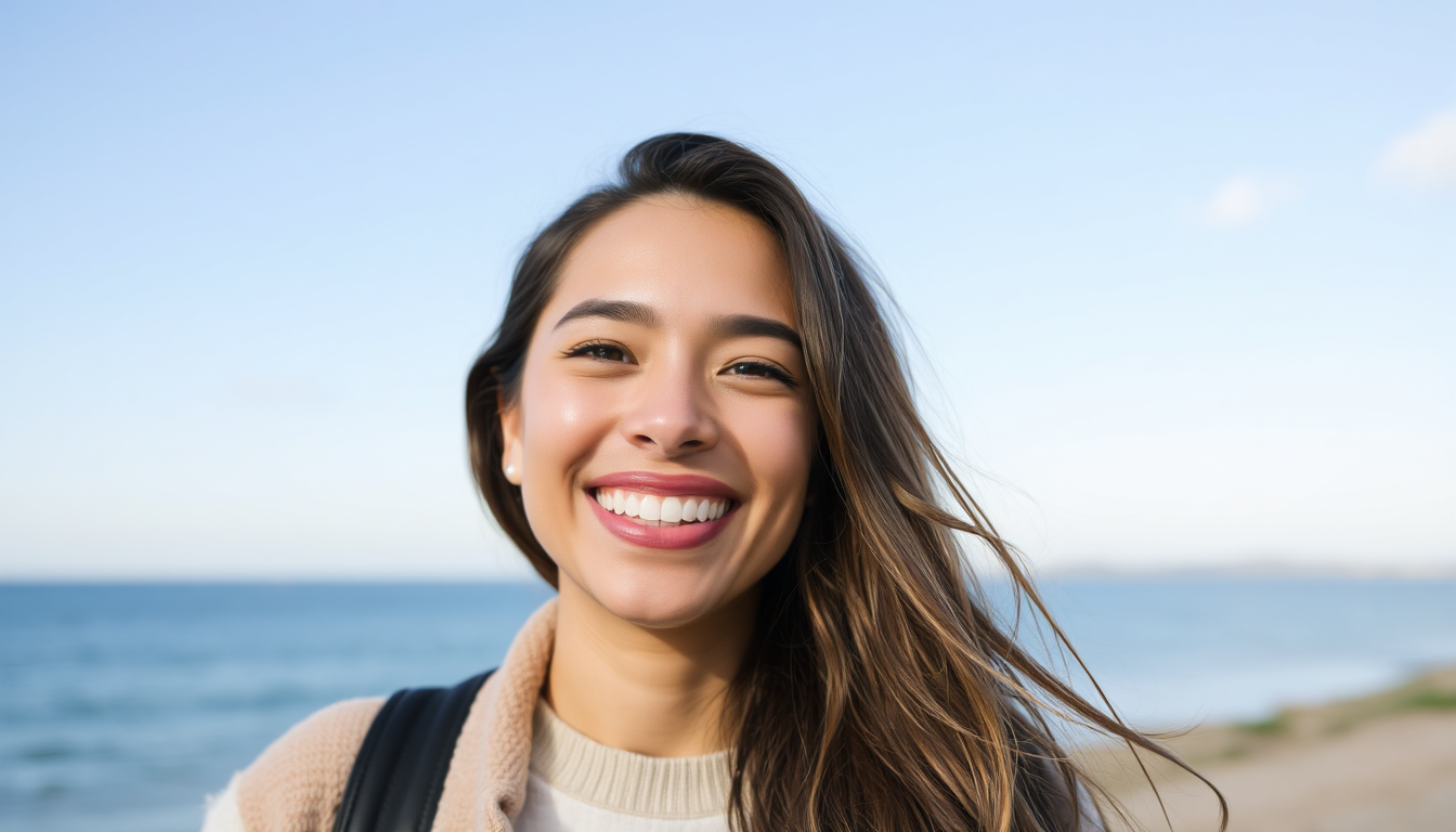 A person achieving their goals, such as giving a successful presentation or celebrating a milestone, with a confident smile. The image should convey the impact of a healthy smile on overall success. The color scheme is warm and inviting, with pops of vibrant colors to represent achievement.