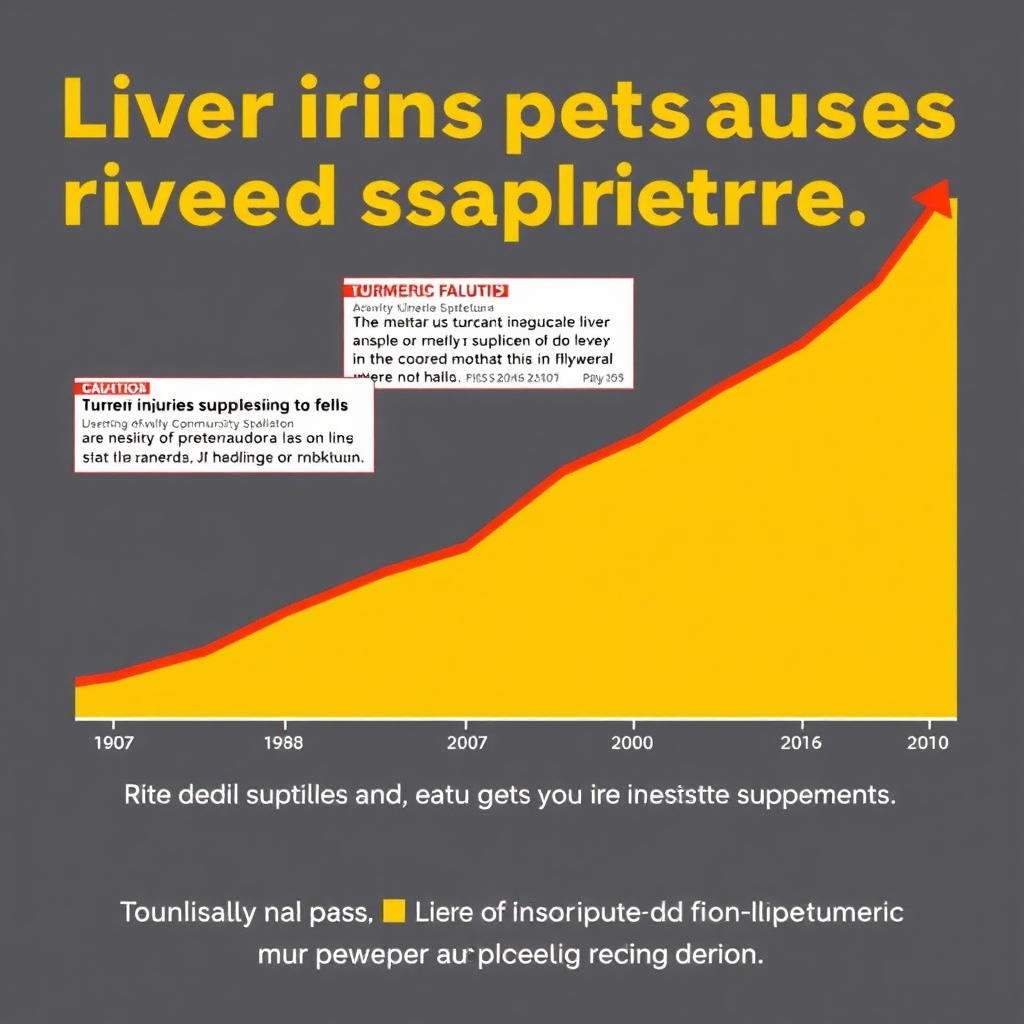 Generate a digital illustration showcasing a graph depicting the rise in liver injuries caused by turmeric supplements, with news headlines related to the topic overlaid on the graph. The graph should be clear and easy to understand, showing a steady upward trend. The news headlines should add context and emphasize the growing concern. The color scheme should be informative and cautionary, using reds and yellows to draw attention to the increasing trend.