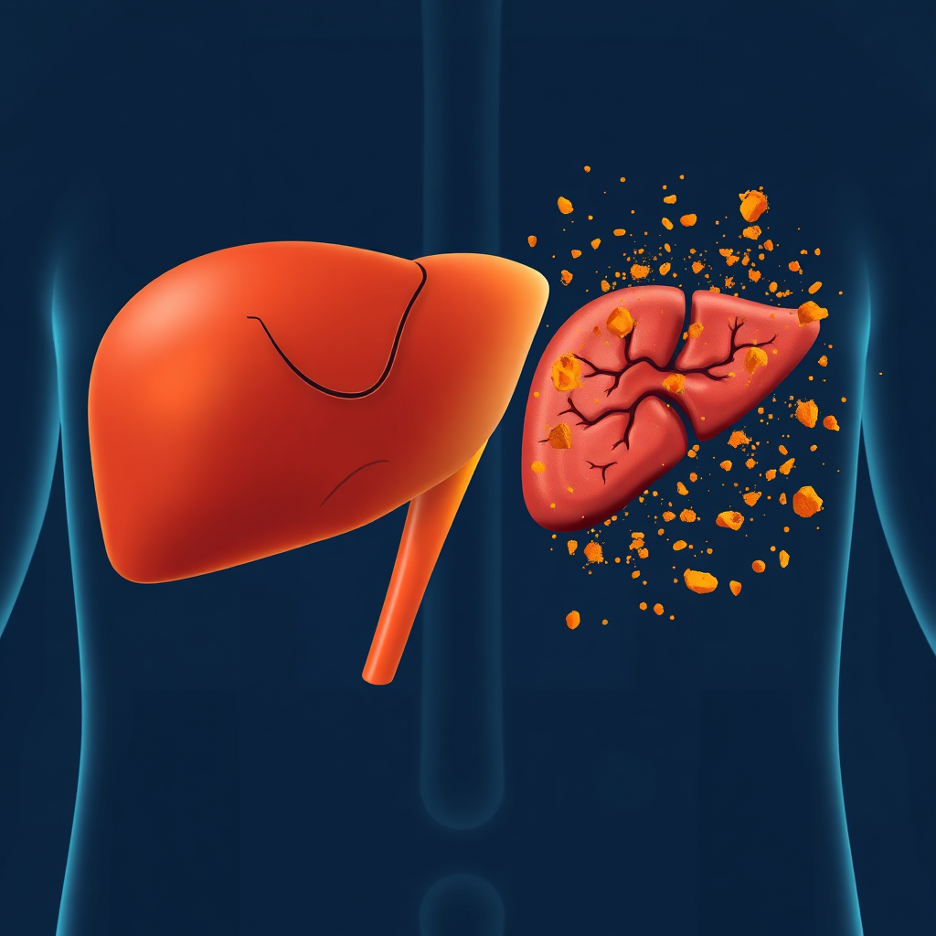 Generate a digital illustration showing a healthy liver gradually transitioning into a damaged liver, with turmeric particles surrounding it. The transition should be subtle but clear, representing the progression from health to harm. Use a visual metaphor to show the negative impact of turmeric on the liver. The color scheme should emphasize the contrast, with vibrant colors for the healthy liver transitioning to muted, stressed tones for the damaged liver.
