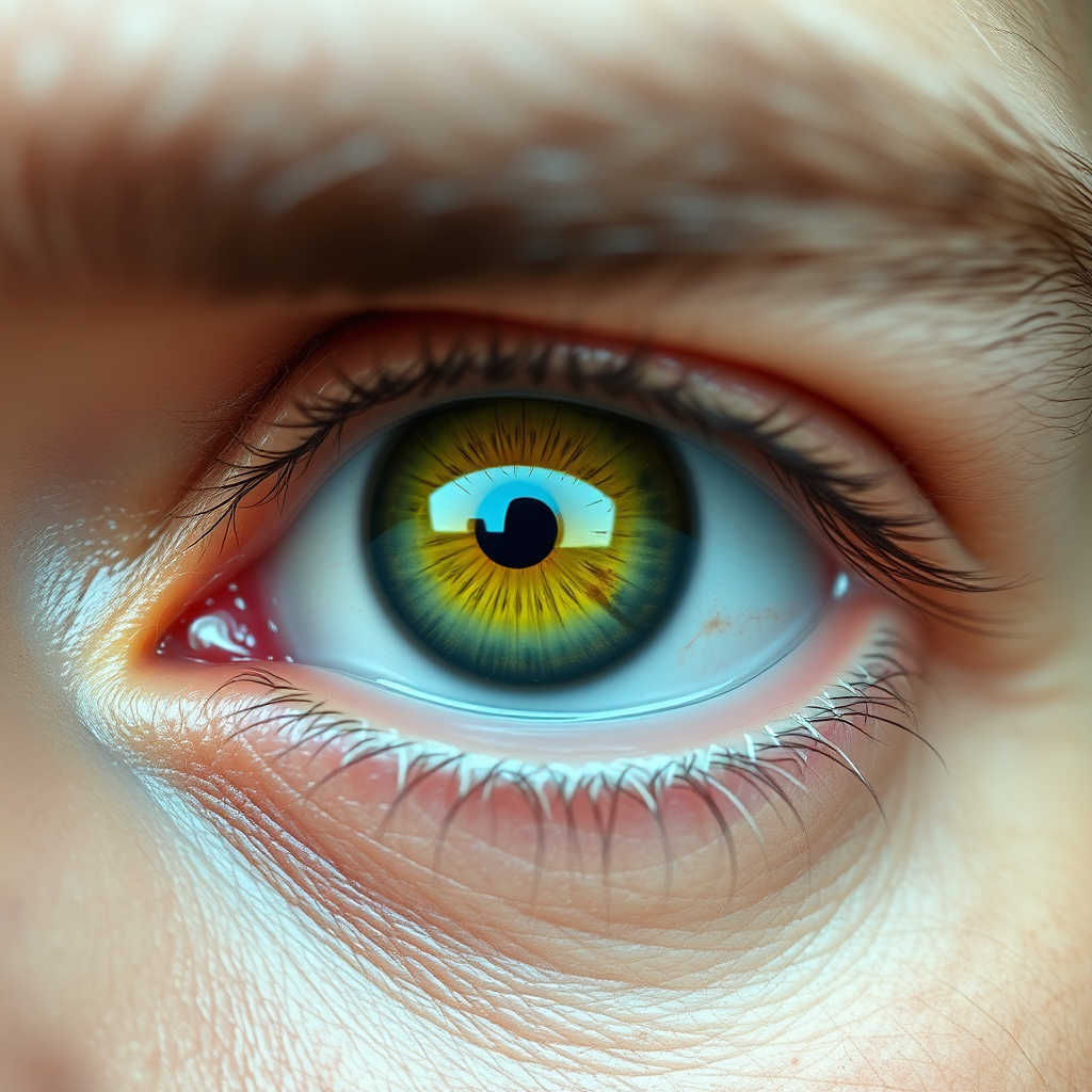 Generate a photorealistic close-up of a person's eye exhibiting a yellowish tint in the whites (sclera). The eye should be clear and in focus, making the jaundice easily noticeable. The lighting should be natural and even to accurately represent the color. The color palette should emphasize the yellowish hue, creating a clear and memorable image. The overall tone should be cautionary, highlighting the importance of recognizing this symptom.