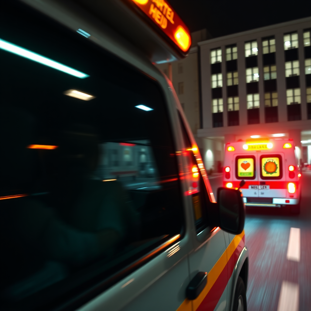 Generate a photorealistic image of an ambulance speeding towards a hospital, with emergency lights flashing. In the foreground, a blurred reflection of a turmeric supplement bottle is visible in the ambulance window. The hospital's facade should be visible in the background, with a sense of urgency and medical assistance. The lighting should be dramatic, emphasizing the speed and urgency of the emergency response. The color palette should be vivid, with the bright flashing lights contrasting with the dark, ominous atmosphere.