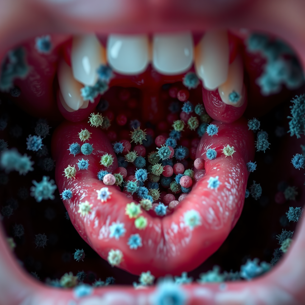 Generate a photorealistic image of a diverse bacterial community within a mouth. The image should depict both beneficial and harmful bacteria. The harmful bacteria should appear slightly darker and less organized, while the beneficial bacteria should be vibrant and well-structured. Use a microscopic lens effect to showcase the intricate details of the bacterial structures. Focus on the tongue's surface, where bacteria often accumulate. Lighting: soft, diffused light to highlight the details. Color palette: a range of blues, greens, and reds to differentiate between bacterial types. The overall tone should be informative and slightly scientific. Style: Microscopic photography with artistic enhancements. 8k resolution, detailed textures.