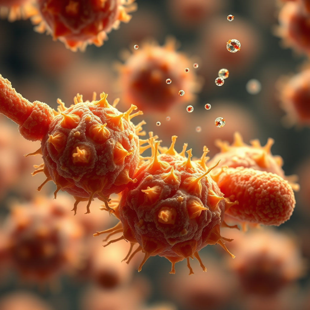 Generate a photorealistic image of specific bacteria types known to cause bad breath (e.g., Fusobacterium, Porphyromonas). The bacteria should be visualized under a microscope, with detailed cellular structures and distinct characteristics. Highlight the volatile sulfur compounds (VSCs) being released by the bacteria as tiny, shimmering particles. Use color-coding to differentiate between the different types of bacteria. Lighting: scientific, high-contrast lighting. Color palette: a limited range of earthy tones (browns, ochres, and yellows). Style: Scientific visualization with artistic enhancements. Emphasize the detail and accuracy of the bacterial structures. 8K resolution, ultra-high detail.