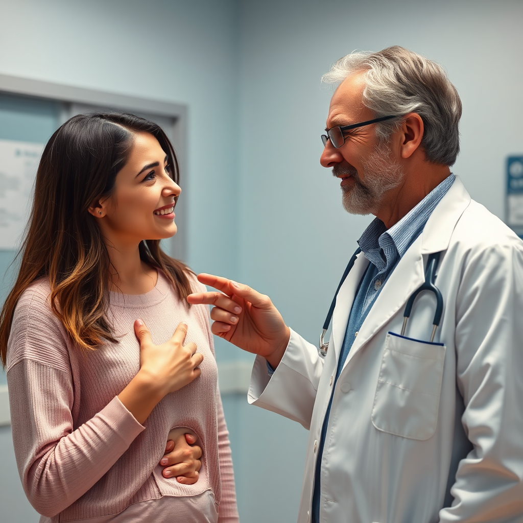 Generate a photorealistic image of a person talking to a doctor in a clinic or hospital setting. The person should be pointing to their stomach or looking concerned, while the doctor listens attentively with a caring expression. Use warm and reassuring lighting to convey a sense of trust and medical assistance. The color palette should be soft and calming, with medical blues and whites dominating the scene.