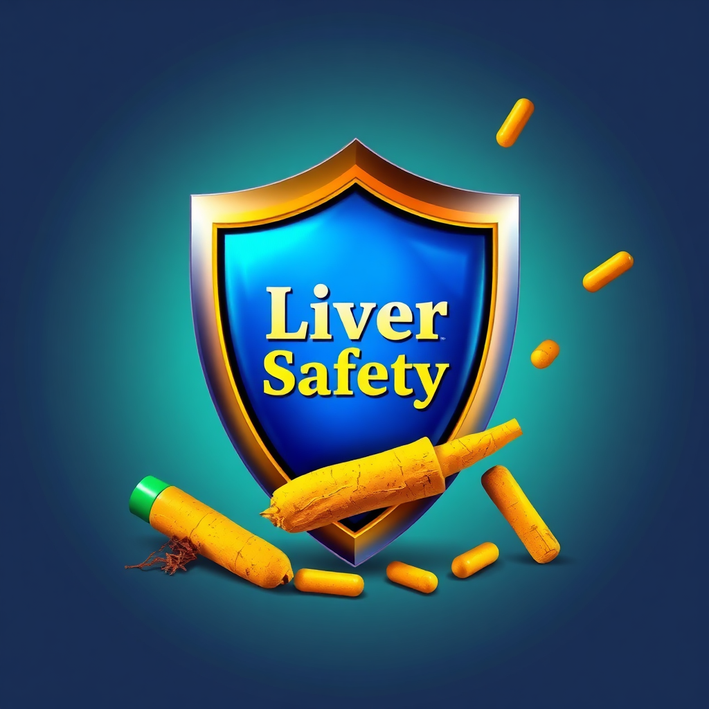 Generate a powerful visual representation of a shield protecting a liver, with the shield emblazoned with the words 'Liver Safety.' Turmeric supplements should be shown bouncing off the shield, indicating the avoidance of high doses. The color palette should be strong and protective, with vibrant blues and greens for the shield and liver and cautionary yellows for the supplements.