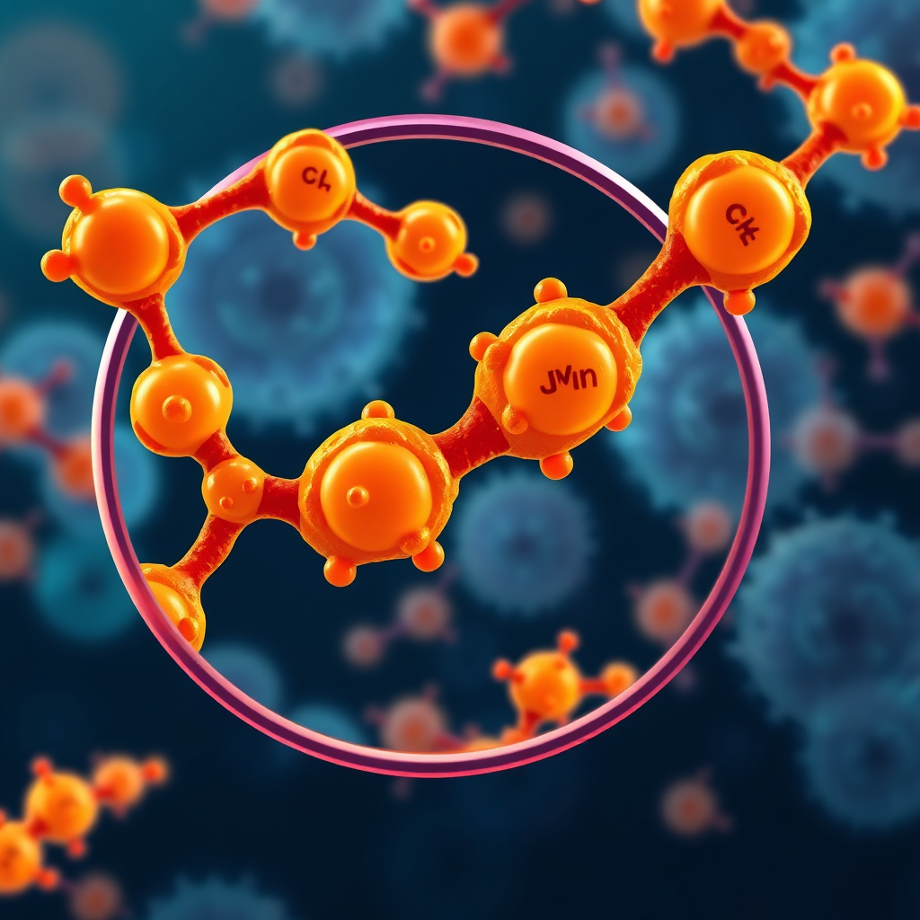 Generate a stylized digital illustration showcasing a magnified view of curcumin molecules being absorbed into liver cells, with piperine molecules acting as catalysts to enhance this process. The liver cells should appear vulnerable, with visible signs of inflammation. Use a contrasting color scheme to emphasize the interaction, with bright colors for the curcumin and piperine and more subdued tones for the liver cells. The composition should convey a sense of imbalance and potential harm due to increased absorption.