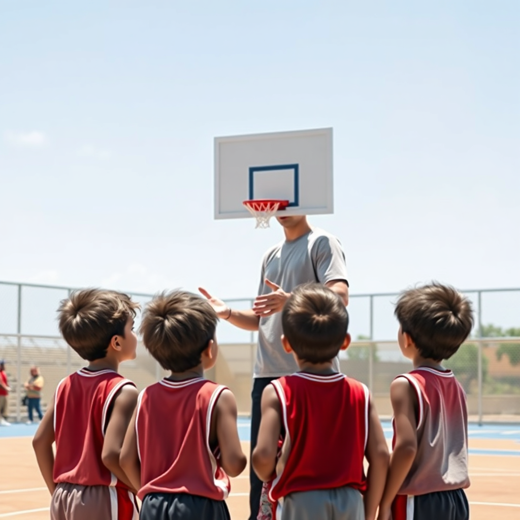 Generate an photorealistic image of a basketball coach interacting with kids at an age of 10. The coach looks like he is explaining and motivating them. The kids are listening. The scenery is very clear and you should use natural lighting. 8k resolution, professional photography.