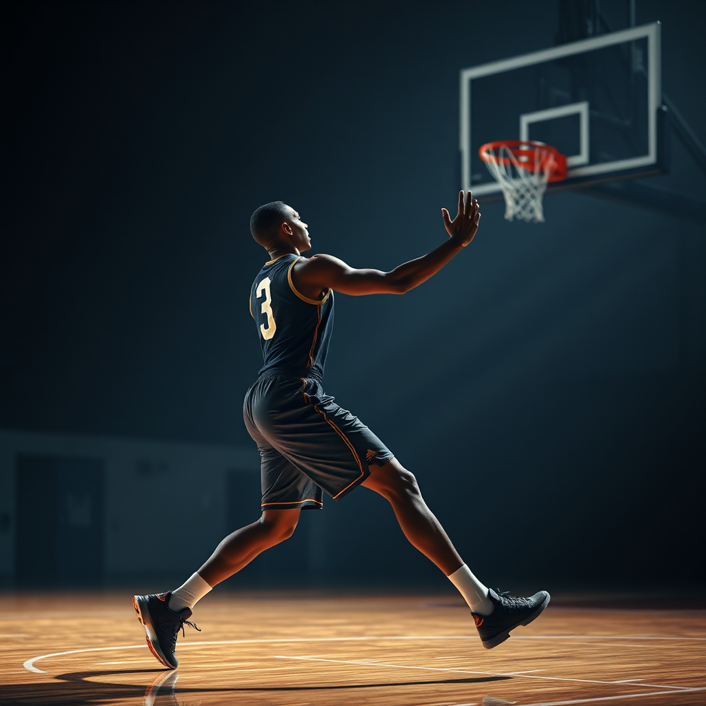 Imagine a basketball player executing a series of graceful, dance-like moves on a basketball court. The player's movements are fluid and expressive, blending elements of basketball with contemporary dance. The lighting is dramatic and theatrical, enhancing the artistry of the performance. The background is a blurred basketball court, creating a sense of focus on the player's movements. The overall effect is captivating and mesmerizing. 8k resolution, digital art.