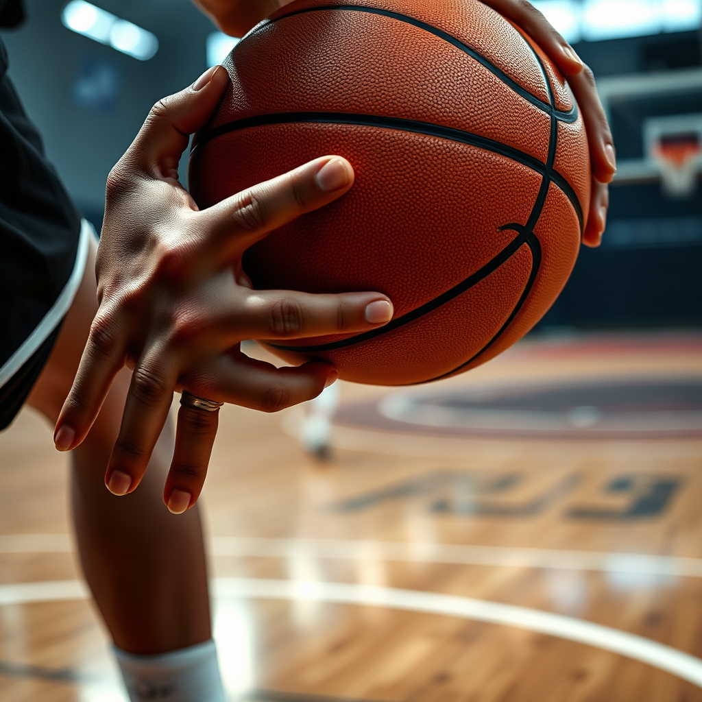 Imagine a close-up, photorealistic shot of a basketball player's hands expertly controlling a basketball. The focus should be on the ball and the player's grip, showing the precision and technique involved. The background should be a blurred basketball court, implying motion and skill. The lighting should be dramatic, highlighting the contours of the ball and the player's hands. This image should convey a sense of mastery and control. 8k resolution, professional photography.
