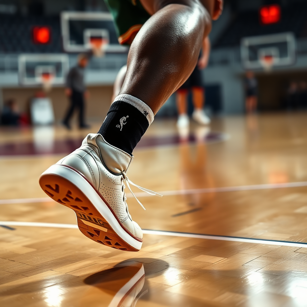 Imagine a close-up, photorealistic shot of a basketball player's feet moving quickly and precisely during a defensive drill. The focus should be on the player's footwork, showing the agility and technique involved. The background should be a blurred basketball court, implying motion and skill. The lighting should be dramatic, highlighting the player's feet. This image should convey a sense of dedication and skill. 8k resolution, professional photography.