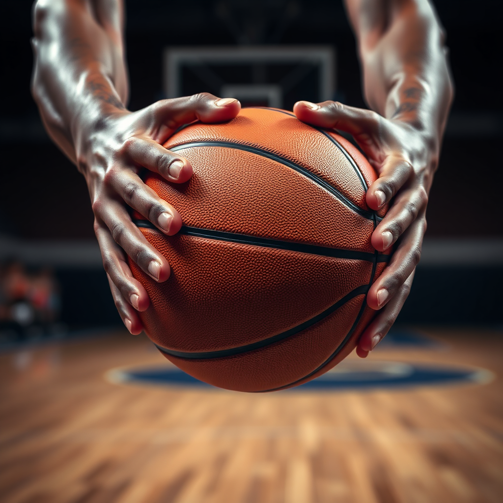 Imagine a close-up, photorealistic shot of a basketball player's hands delivering a crisp, accurate pass. The focus should be on the ball and the player's grip, showing the precision and technique involved. The background should be a blurred basketball court, implying motion and skill. The lighting should be dramatic, highlighting the contours of the ball and the player's hands. This image should convey a sense of mastery and control. 8k resolution, professional photography.