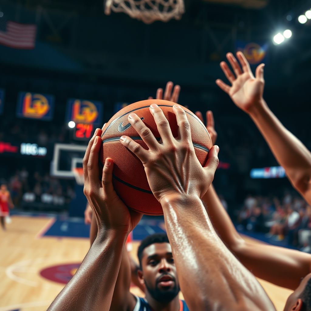 Imagine a close-up, photorealistic shot of a basketball player's hands fighting for a rebound amidst a crowd of players. The focus should be on the player's grip on the ball and the intensity of the competition. The background should be a blurred basketball court, implying a game situation. The lighting should be dramatic, highlighting the struggle for possession. 8k resolution, professional photography.
