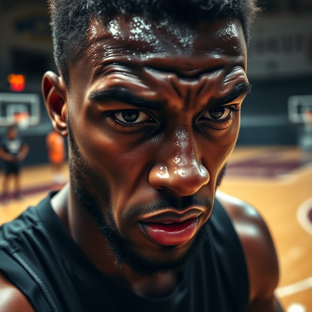 Imagine a close-up, photorealistic shot of a basketball player's face showing determination and sweat during a challenging conditioning exercise. The focus should be on the player's facial expression and the physical exertion. The background should be a blurred basketball court, implying a training session. The lighting should be dramatic, highlighting the player's effort. 8k resolution, professional photography.