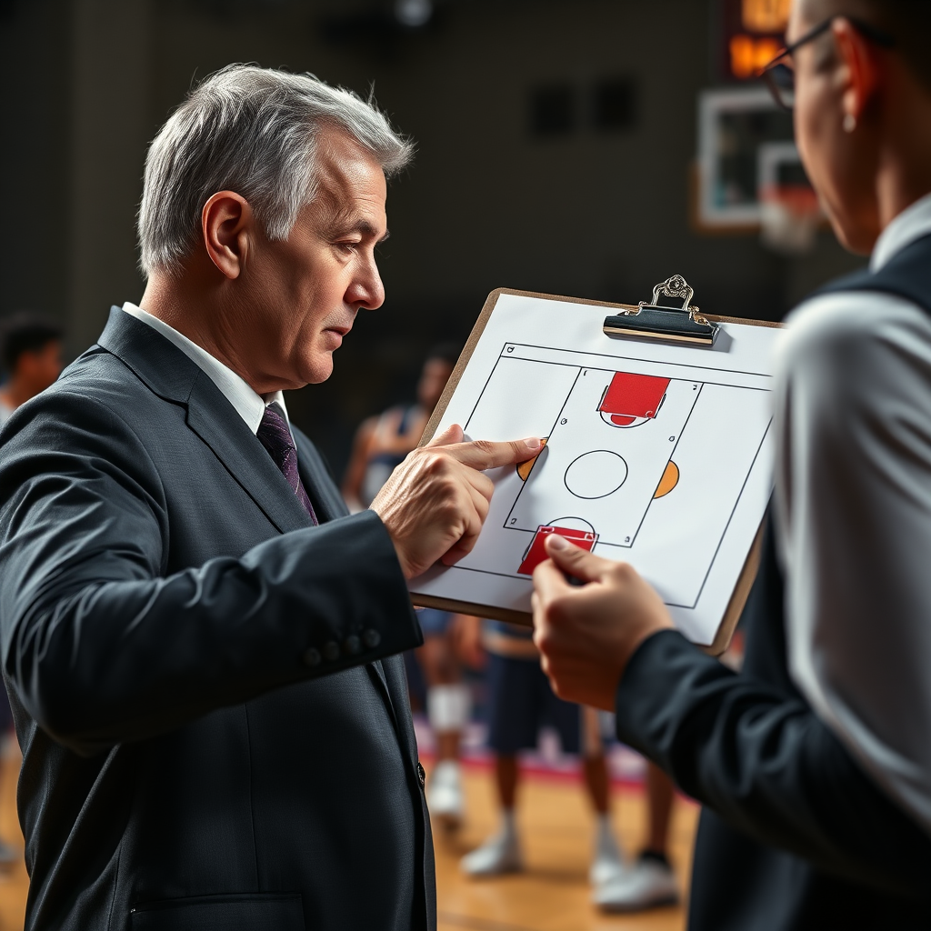 Imagine a close-up, photorealistic shot of a basketball coach pointing to a play diagram on a clipboard during a timeout. The focus should be on the diagram and the coach's instructions. The background should be a blurred basketball court with players listening intently. The lighting should be dramatic, highlighting the importance of strategic planning. 8k resolution, professional photography.