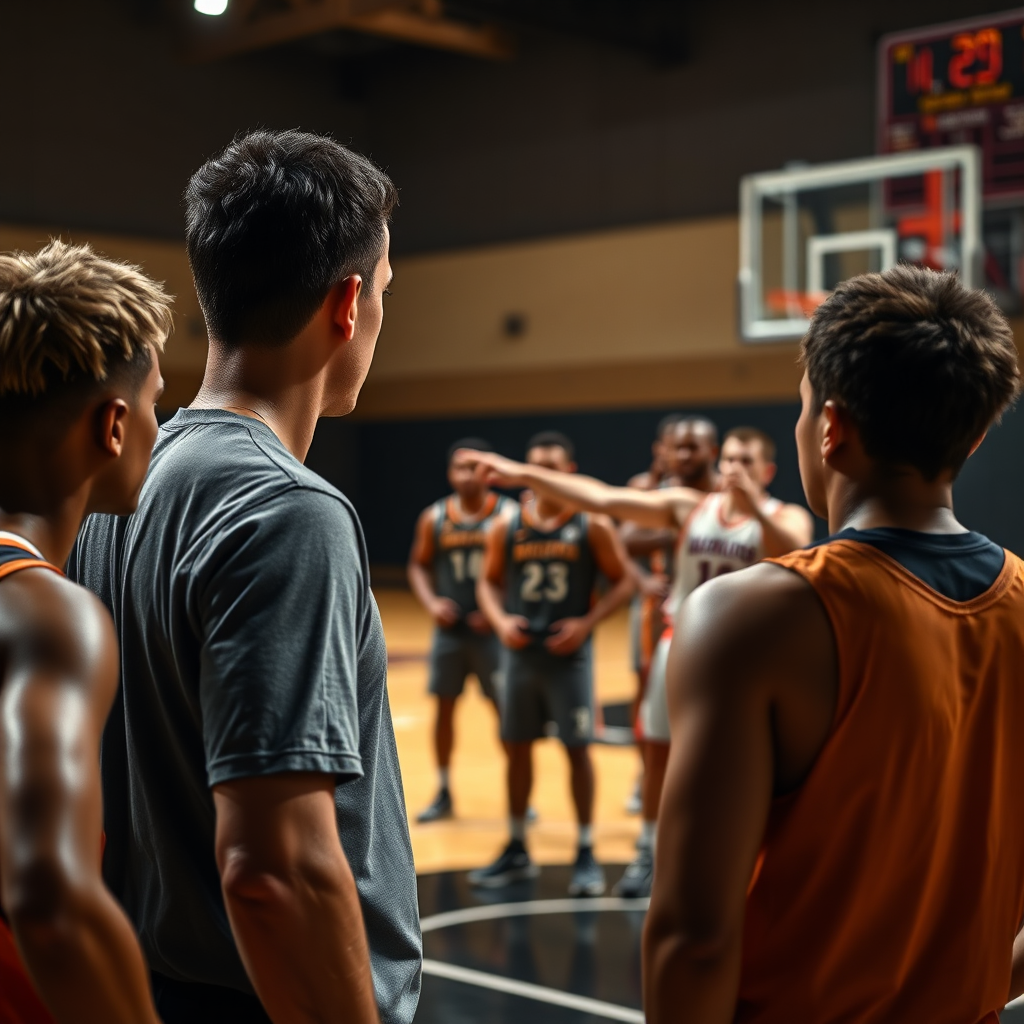 Imagine a close-up, photorealistic shot of a basketball coach pointing to a specific area on a basketball court during a practice session. The background should be blurred, with players listening intently. The lighting should be dramatic, highlighting the importance of spatial awareness. 8k resolution, professional photography.