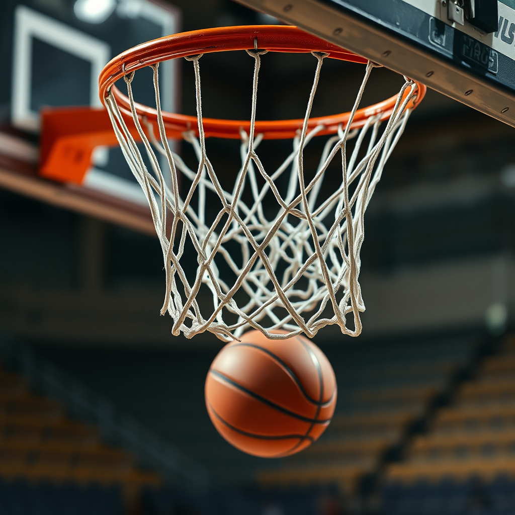 Imagine a close-up, photorealistic shot of a basketball swishing through the net. The focus should be on the net and the ball as it passes through, creating a sense of success and precision. The background should be a blurred basketball court, implying a game situation. The lighting should be dramatic, highlighting the net and the ball. This image should convey a sense of accuracy and consistency. 8k resolution, professional photography.