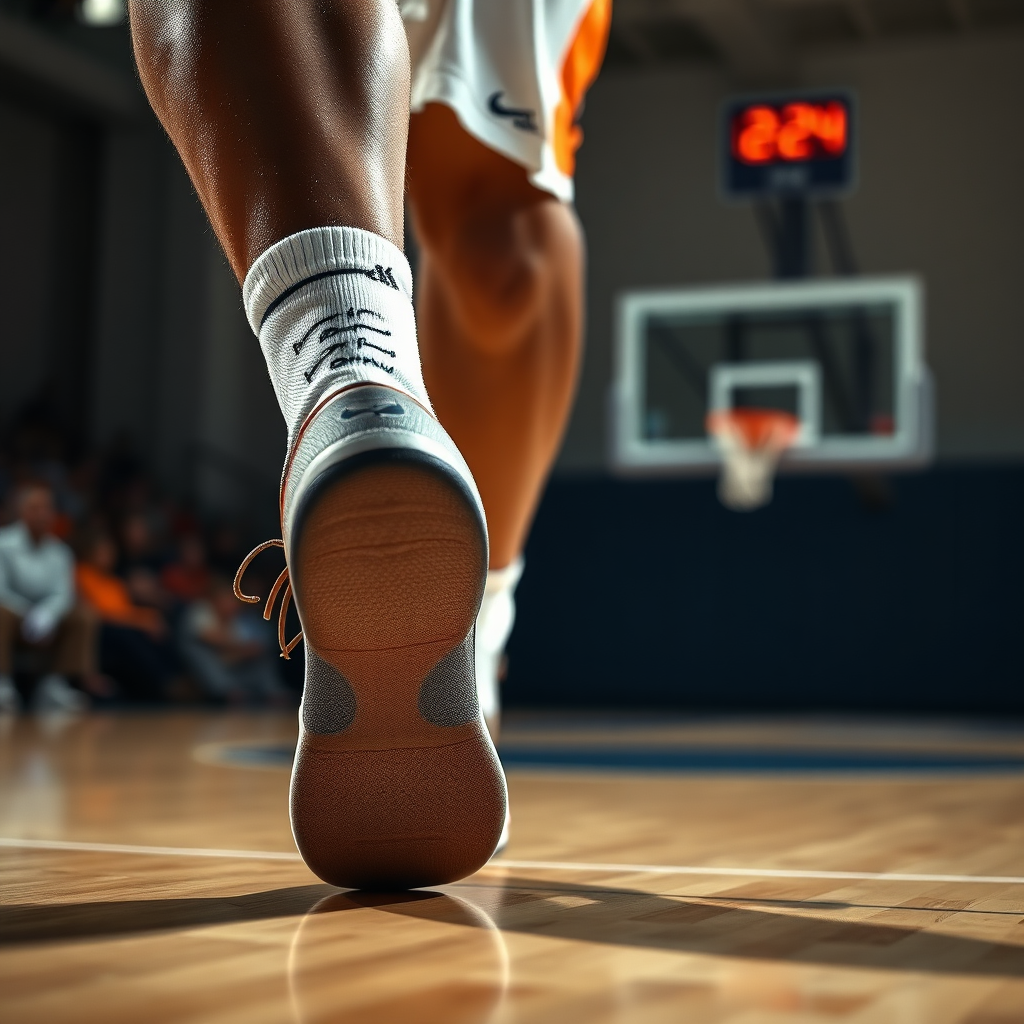 Imagine a close-up, photorealistic shot of a basketball player's feet executing a quick pivot move. The focus should be on the player's footwork, showing the precision and technique involved. The background should be a blurred basketball court, implying motion and skill. The lighting should be dramatic, highlighting the player's feet. This image should convey a sense of dedication and skill. 8k resolution, professional photography.
