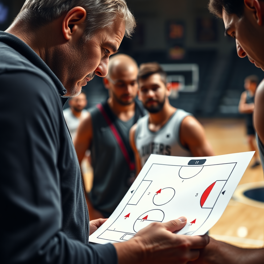 Imagine a close-up, photorealistic shot of a basketball coach guiding players through a set play on a diagram. The focus should be on the diagram and the players' understanding of the movements. The background should be a blurred basketball court with the players listening intently. The lighting should be dramatic, highlighting the strategic planning. 8k resolution, professional photography.