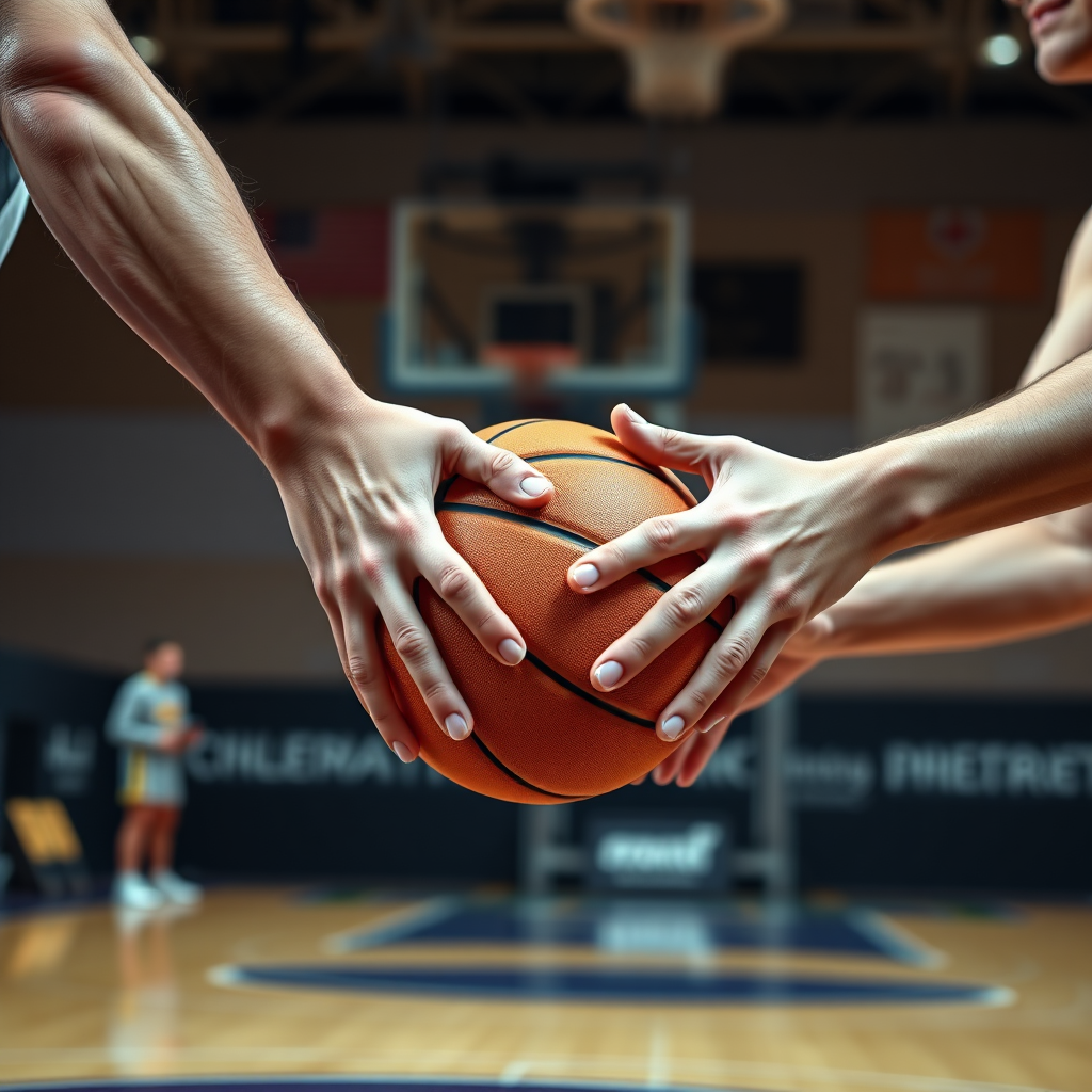 Imagine a close-up, photorealistic shot of basketball players' hands passing the ball with precision and synchronicity. The focus should be on the ball and the players' hands, showing the seamless coordination. The background should be a blurred basketball court, implying teamwork. The lighting should be dramatic, highlighting the unity of the players. 8k resolution, professional photography.