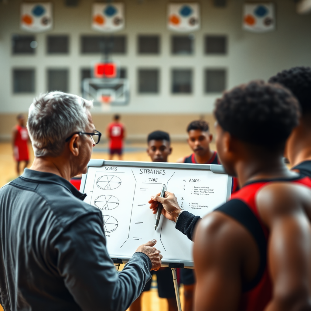 Imagine a close-up, photorealistic shot of a basketball coach explaining scoring strategies on a whiteboard during a timeout. The background should be a blurred basketball court with players listening intently. The lighting should be dramatic, highlighting the importance of strategic planning. 8k resolution, professional photography.