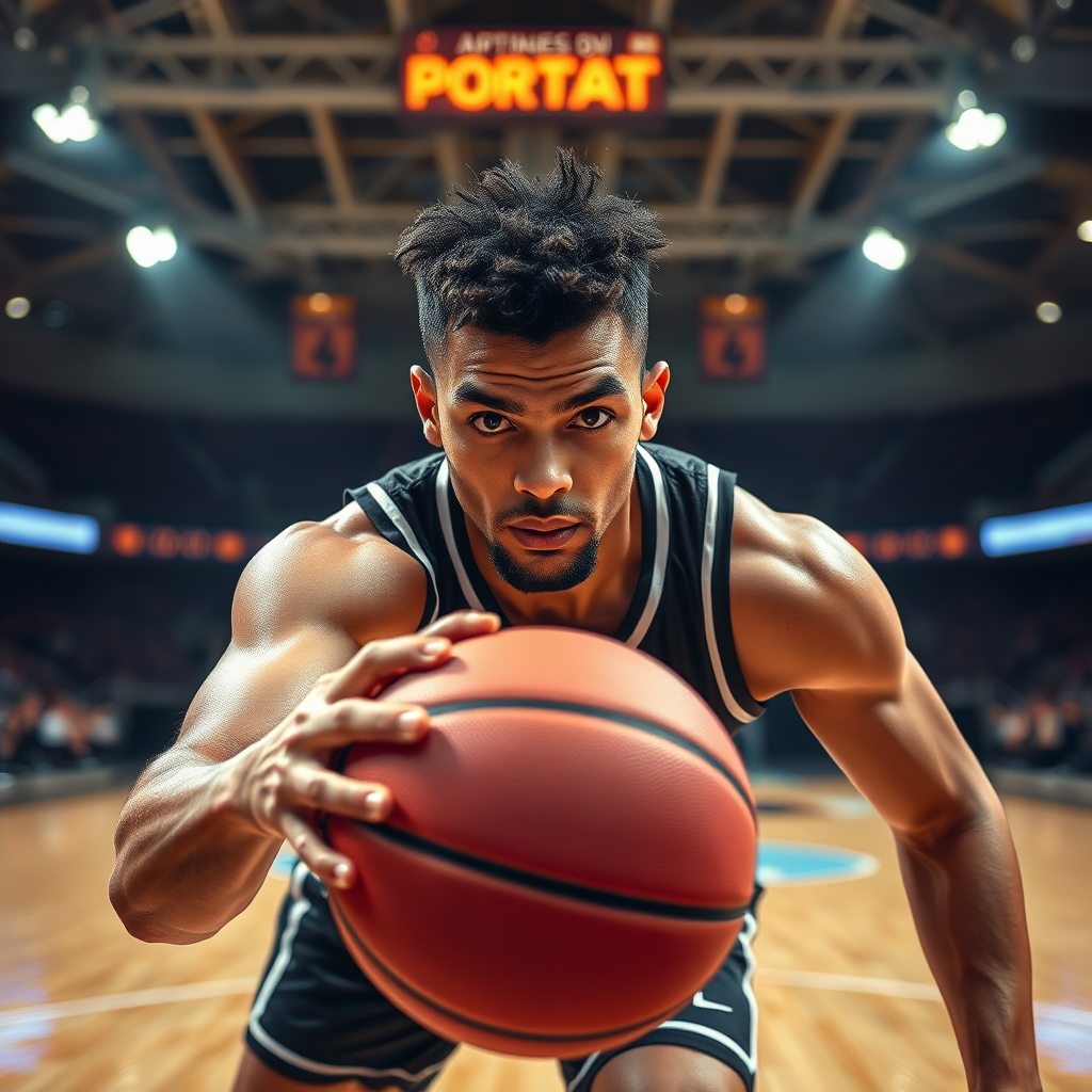 Imagine a focused basketball player, eyes determined, mid-dribble on a polished court. Spotlights illuminate only them, creating a dramatic, empowering feel. High-resolution, 8k, with sweat glistening, symbolizing dedication and intense training. The arena background blurred. Professional sports photography aesthetic.