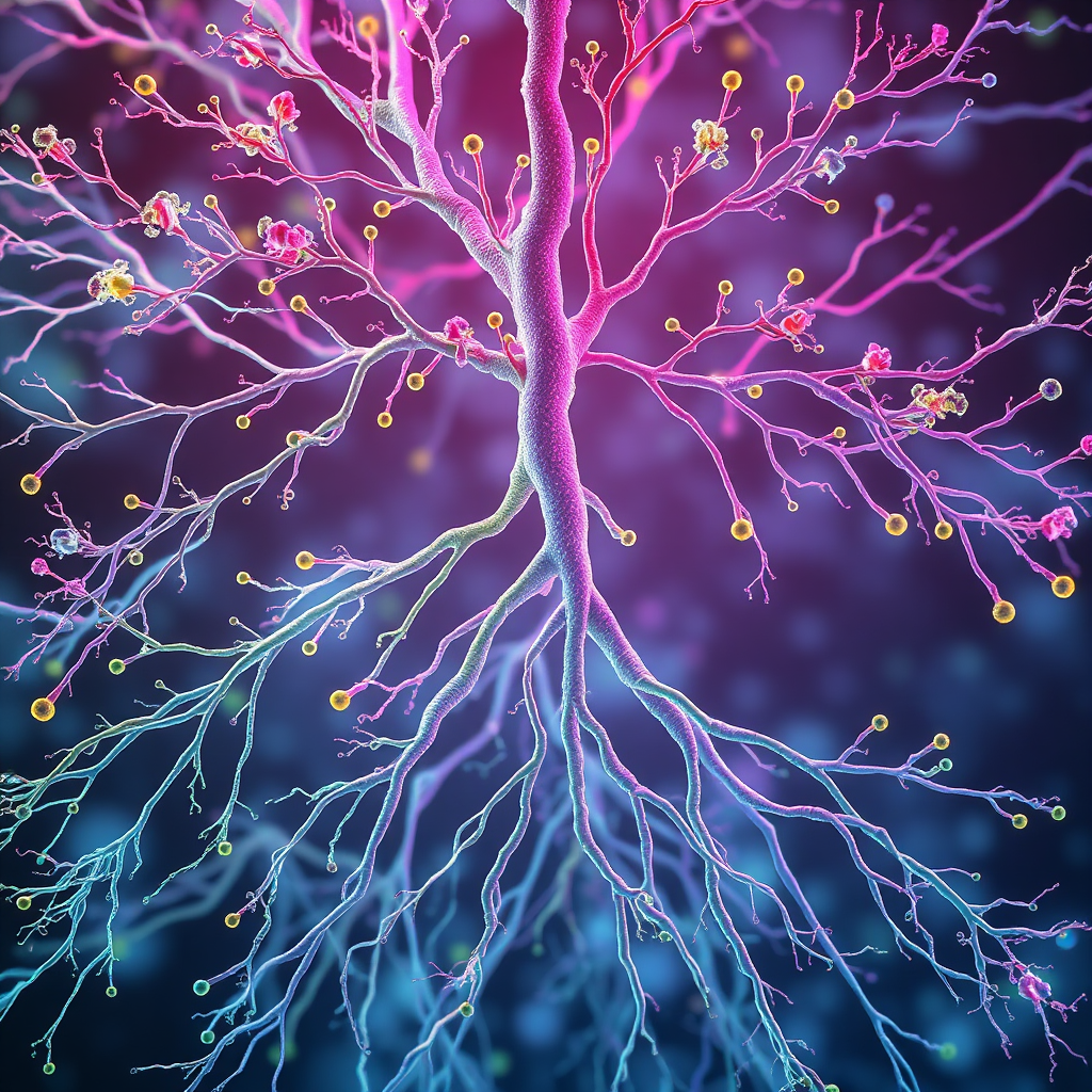 Imagine a network of interconnected roots and branches representing the oral microbiome. Each root/branch is a different type of bacteria. Some are thriving and healthy (bright colors, strong connections), while others are struggling and unhealthy (faded colors, broken connections). The overall image conveys the interconnectedness and interdependence of the different bacteria types. Lighting: soft, diffused light. Color Palette: various shades of green, blue, and purple, to represent the different types of bacteria. Style: Abstract biological illustration, 8K resolution.