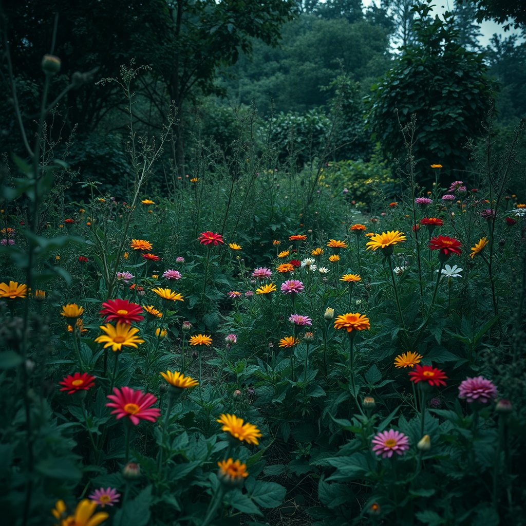 Imagine a once-beautiful, lush garden representing a healthy oral microbiome. Now, weeds (harmful bacteria) have overgrown everything, choking the colorful flowers (beneficial bacteria). The colors are muted and depressing. The overall scene conveys chaos and disruption. Lighting: overcast, dim. Focus is on the choking weeds overwhelming the flowers. Style: a melancholic garden scene, 8k, photorealistic.