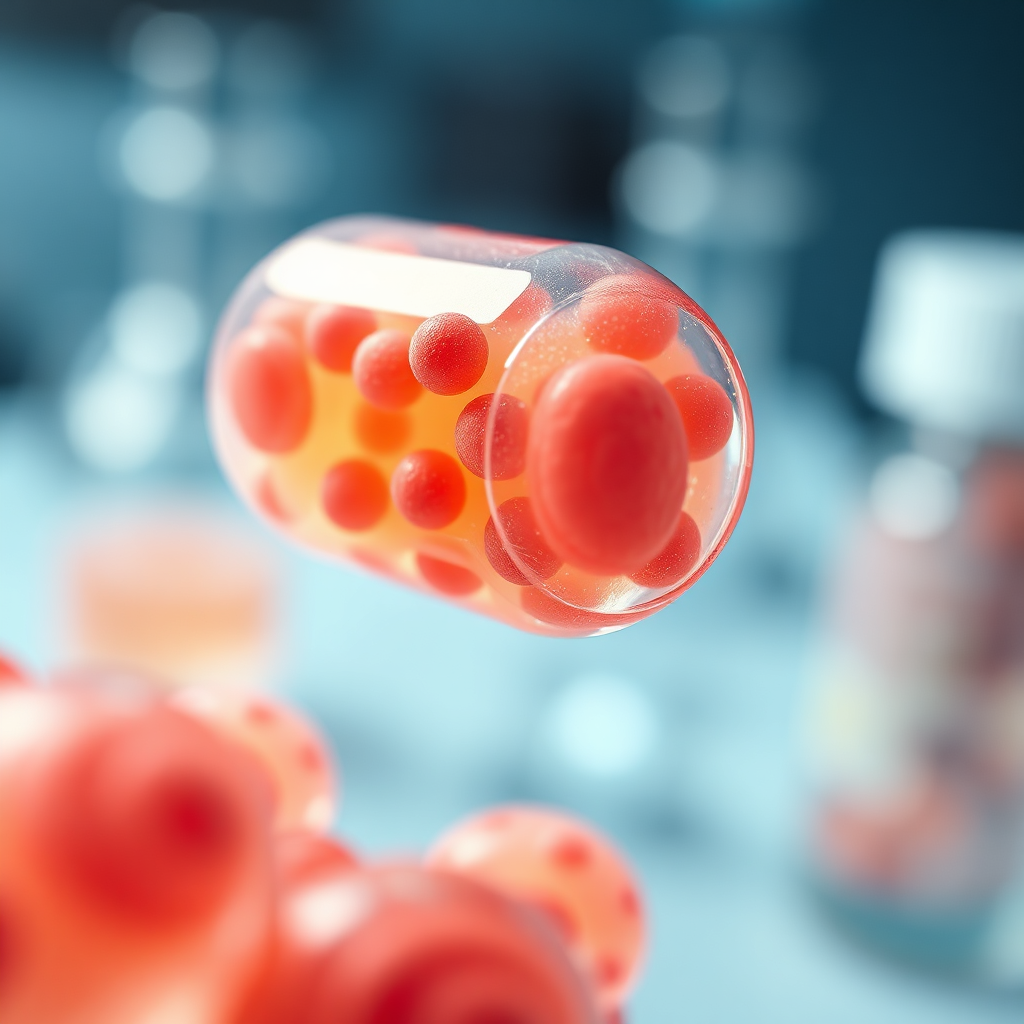 Macro shot of Prodentim probiotic, capturing the texture and color variations within the supplement. The focus is razor-sharp, highlighting the microscopic elements. The lighting is controlled and diffused, emphasizing the scientific nature of the product. Background: A soft, blurred lab setting, suggesting research and development. Style: Emphasize science and innovation.