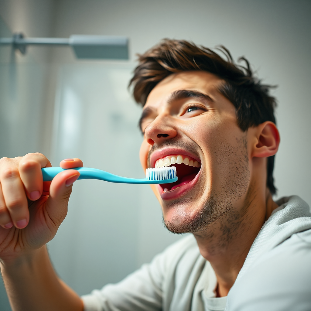 Photorealistic, high-resolution shot of a person diligently brushing their teeth in a well-lit bathroom. The focus is on the brush moving across the teeth, showcasing the action of cleaning. Lighting is bright and clean, emphasizing the freshness and importance of the act. Style: Emphasize the ritualistic nature of the act. The setting is minimalistic and modern.