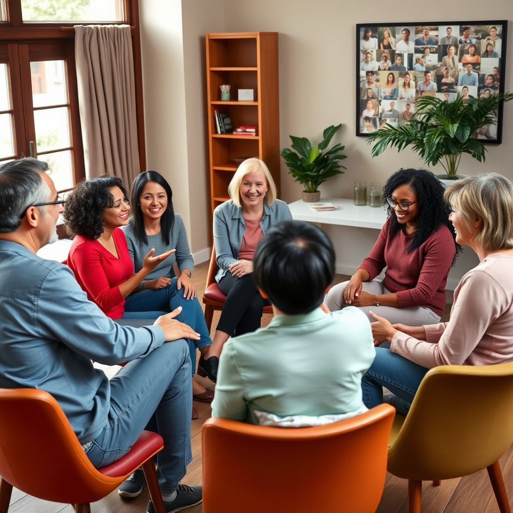 Photorealistic image of a diverse group of people sitting in a circle, engaged in a support group meeting. They are smiling and offering each other supportive gestures, set in a warm, inviting room.